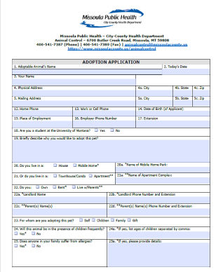 Screenshot of Adoption Application first page.