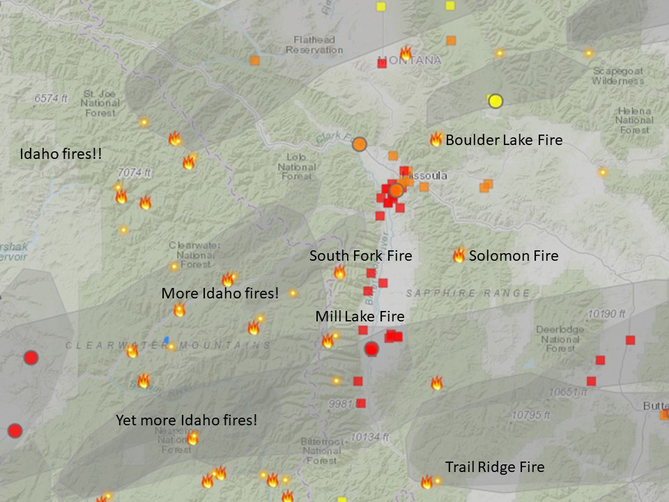 An image showing PM2.5 measurements and fire locations across western Montana and Idaho