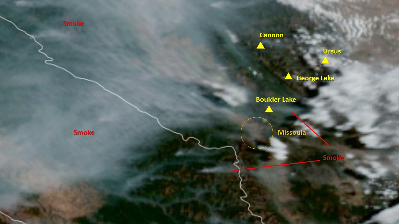 A satellite photo showing wildfire smoke plumes across northwestern Montana on September 8, 2022.