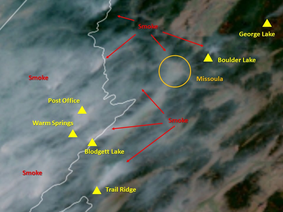 A satellite photo showing wildfire smoke plumes in Montana and Idaho on  September 10, 2022.