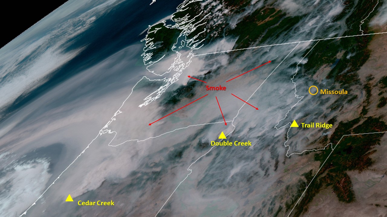 A satellite photo showing wildfire smoke plumes across the northwest on September 10, 2022.