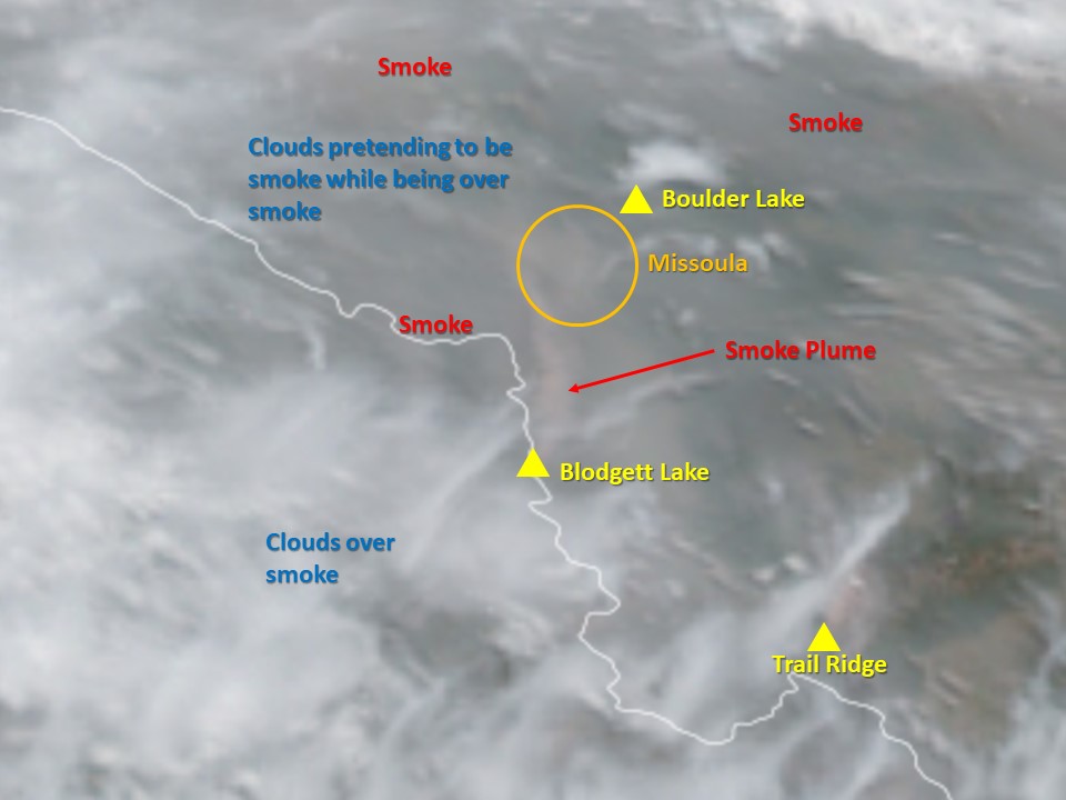A satellite photo showing smoke and clouds over Western Montana on September 12, 2022