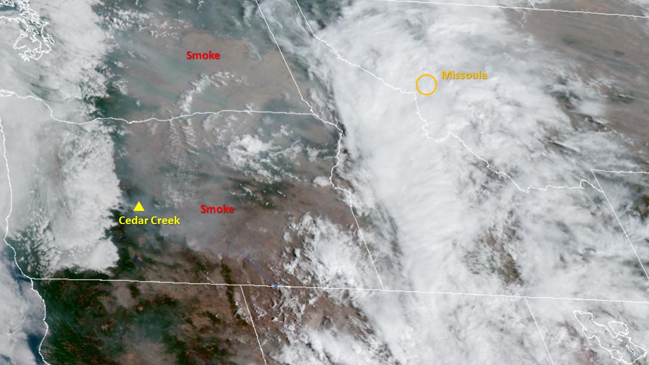 A satellite photo showing smoke and clouds over the Northwest on September 13, 2022.