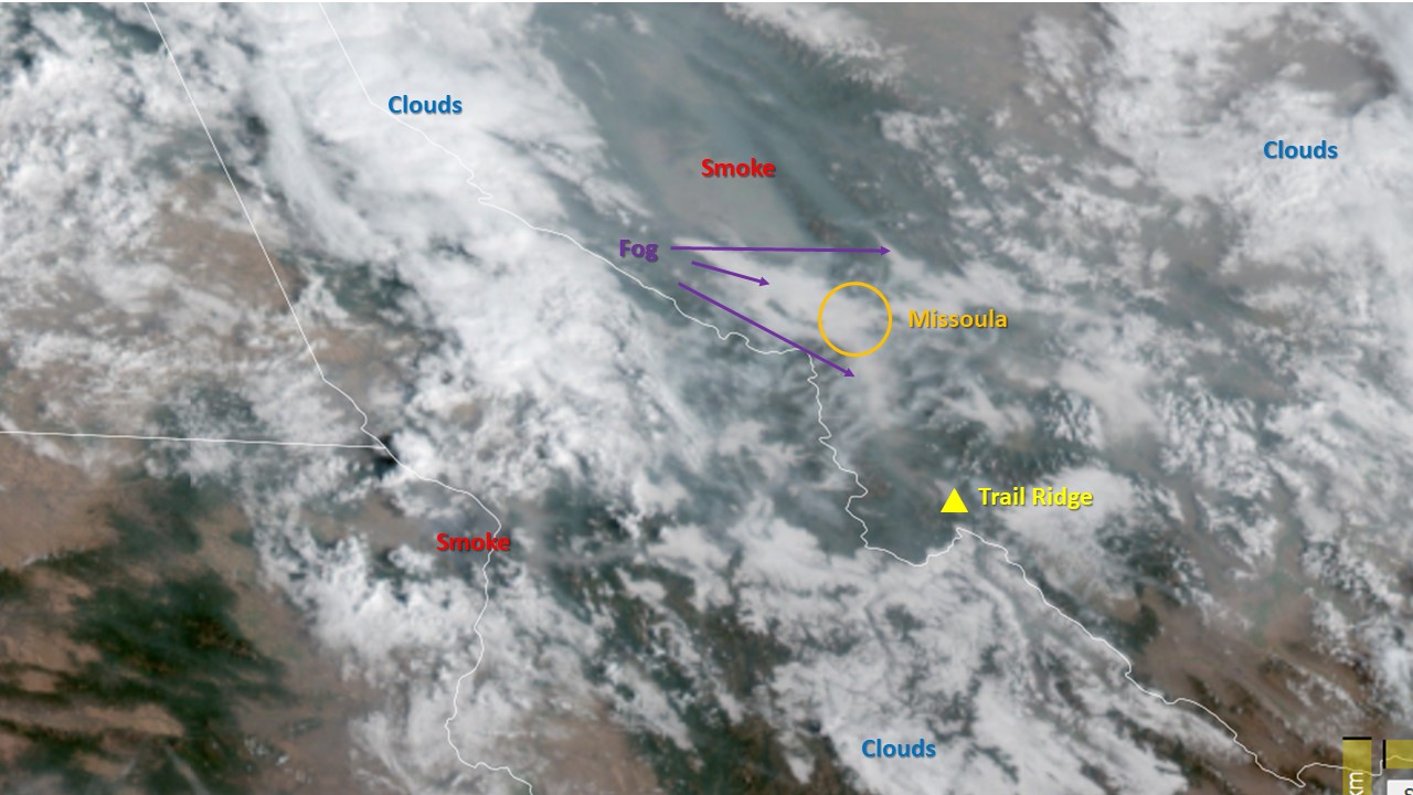 A satellite photo showing smoke, fog, and clouds over western Montana on September 14. 2022