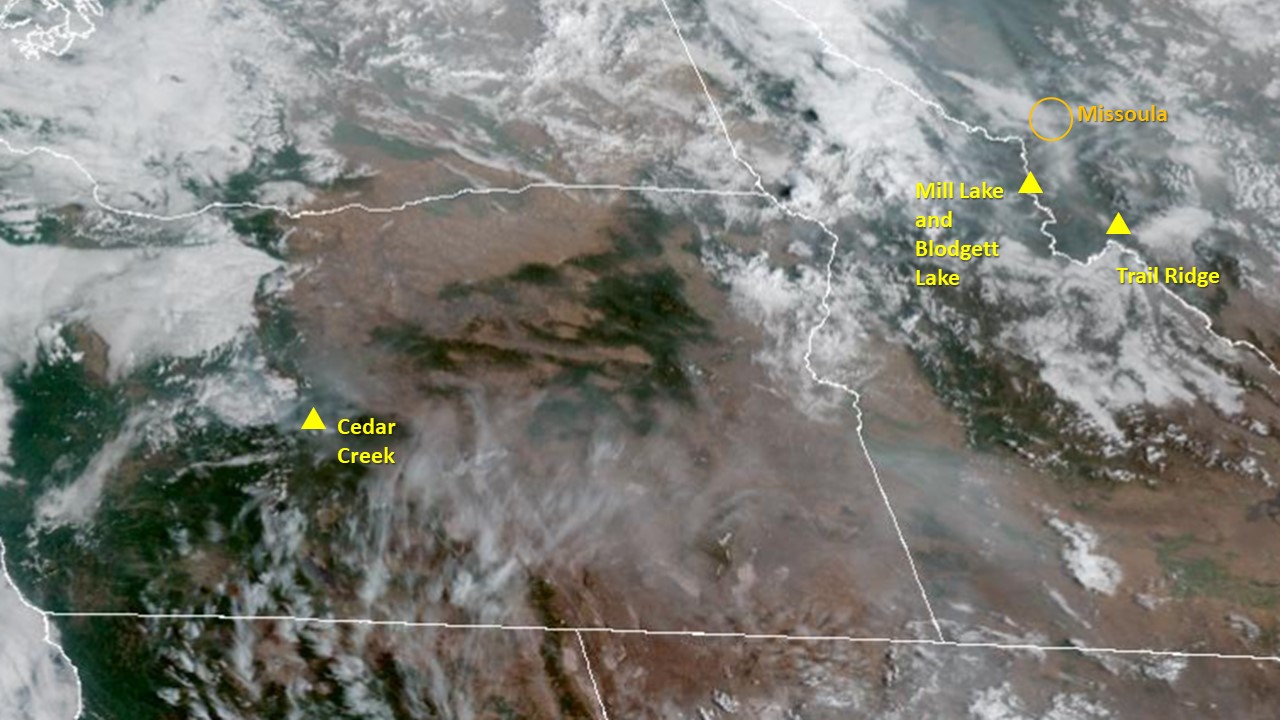 A satellite photo showing smoke, fog, and clouds over the northwest on September 14, 2022