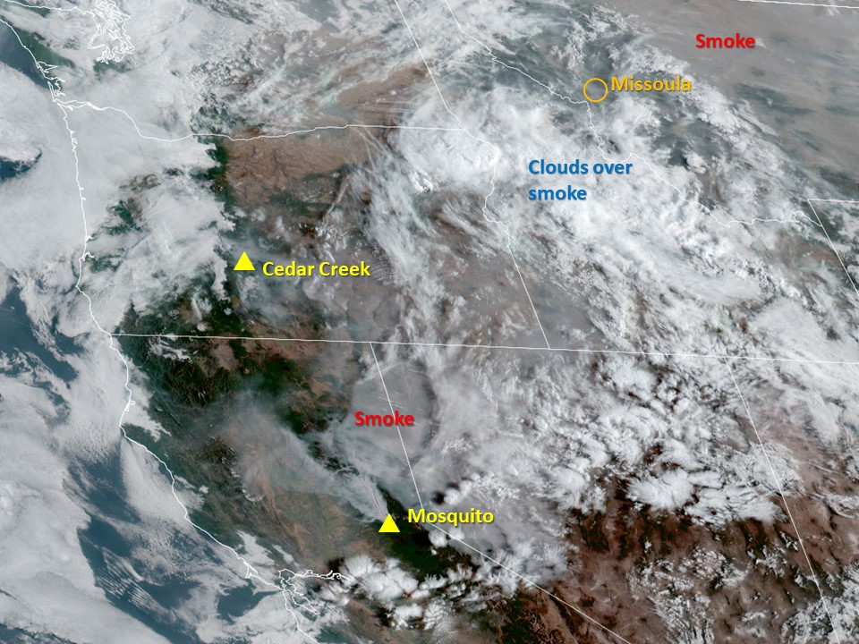 A satellite photo showing smoke and clouds across the Western United States on September 15, 2022