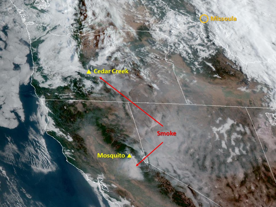A satellite photo showing wildfire smoke and clouds across the Western U.S. on September 16, 2022