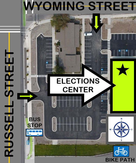 Map of the Elections Center in Missoula, at the corner of N. Russell and Wyoming Streets.
