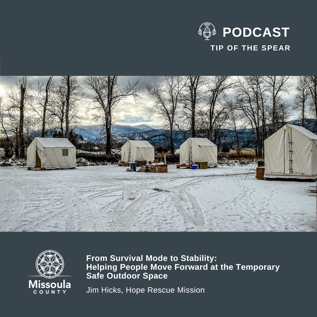 Tip of the Spear podcast logo at top right. A color image of a winter scene with three canvas tents spaced apart on individual platforms. Snow is on the ground. Trees and mountains are visible in the background.