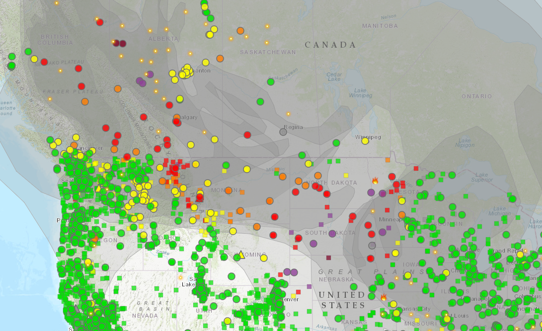 An image showing PM2.5 measurements across the United States and Canada