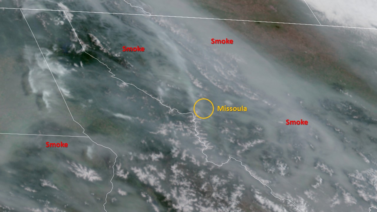 A satellite photo showing smoke over Montana from Canadian wildfires