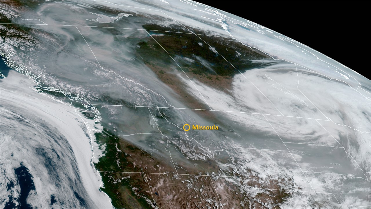A satellite photo showing smoke from Canada spreading across the United States