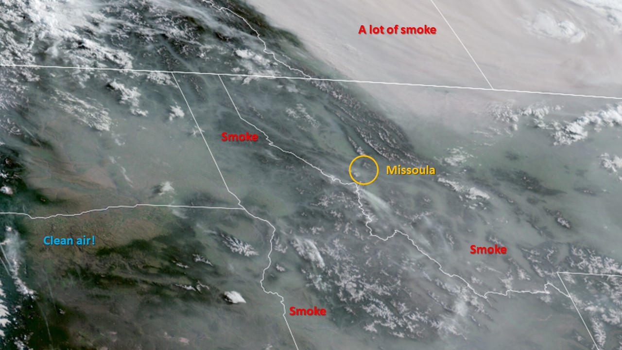 A satellite photo showing smoke from Canadian wildfires over the northwestern U.S.