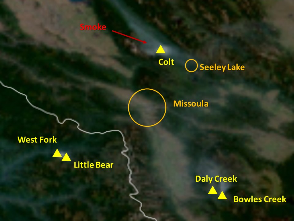 A satellite photo showing smoke from the Colt Fire over the Hwy 83 corridor and smoke from fires in the Sapphire Mountains heading toward Drummond